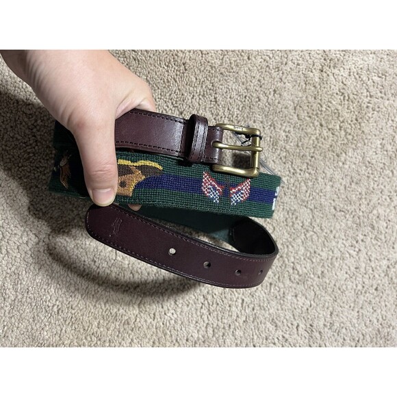 Polo Ralph Lauren Men’s 36 Green Duck Hunting Dog USA Needlepoint Belt NWT $175